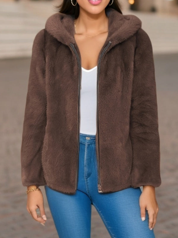 R&B | Weicher Damen Teddyjacke mit Kapuze und Reißverschluss