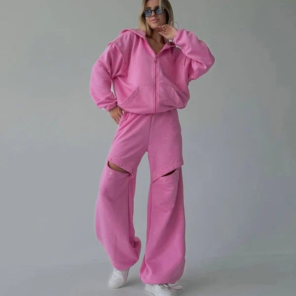 R&B | Loungewear Set Lässige Passform Zip-Up Kapuzenpullover Weit Geschnittene Hose