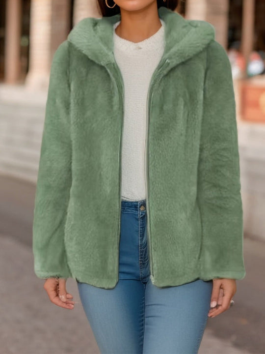 R&B | Weicher Damen Teddyjacke mit Kapuze und Reißverschluss