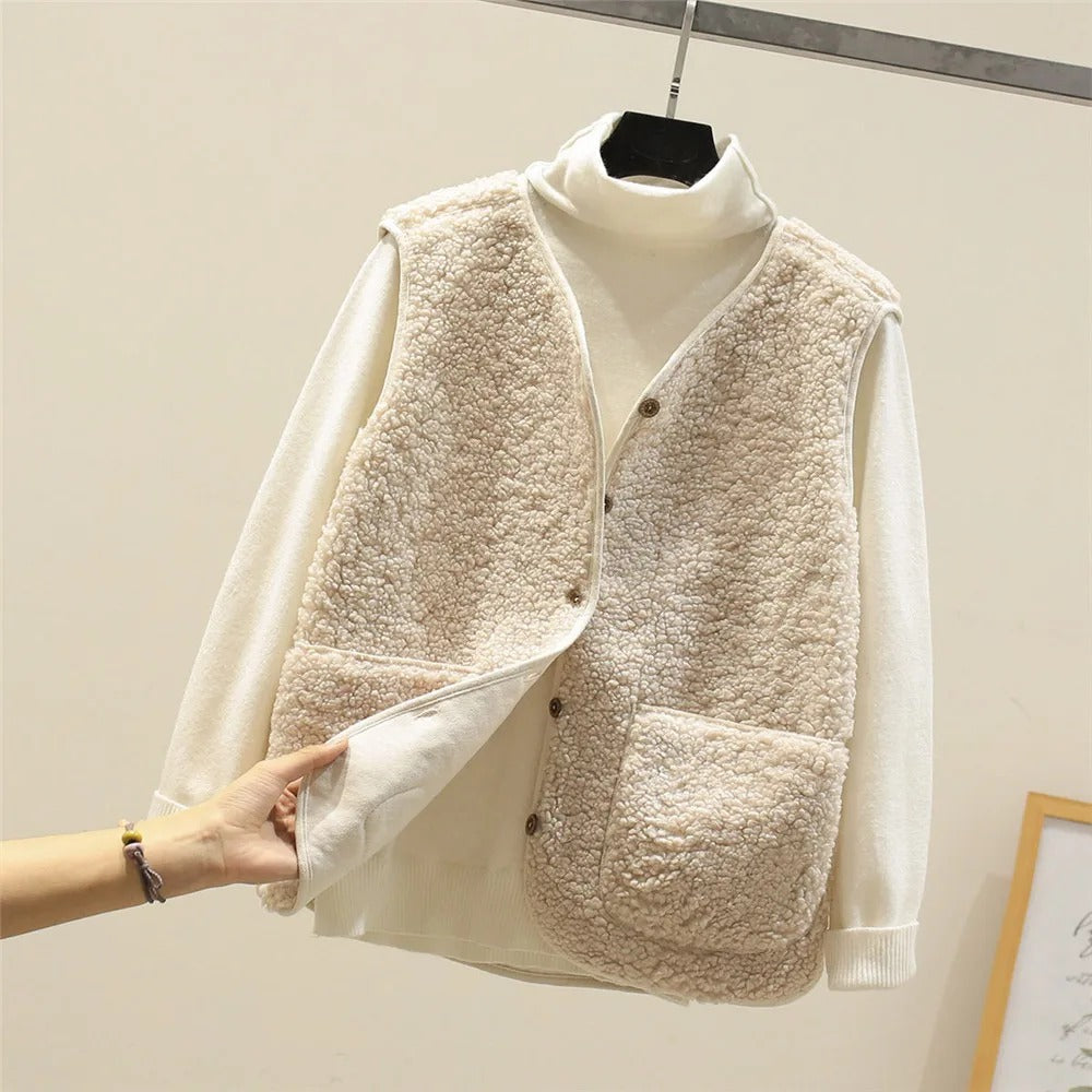 R&B | Gilet Sherpa Fleece Lockerer Schnitt Hüftlänge Knopfverschluss