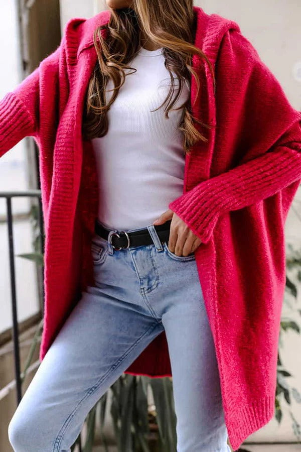 R&B | Strickjacke Gestrickt Übergröße Schnitt Kapuze Offene Vorderseite Gerippte Details