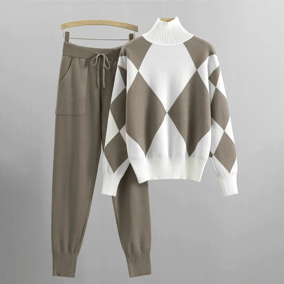 R&B | Gemütlicher Anzug Gestricktes Set Lockere Passform Argyle Muster Gerippte Kanten