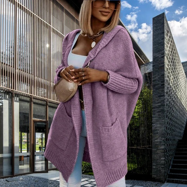 R&B | Strickjacke Übergröße Wollähnliche Strick Kapuze Offene Vorderseite Taschen