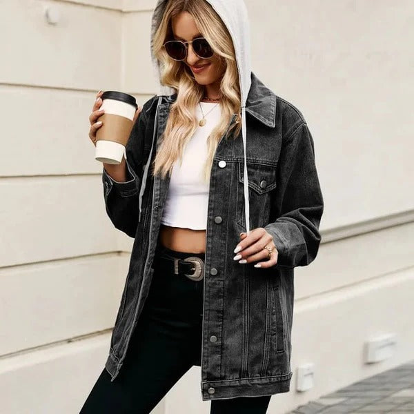 R&B | Aus Denim Übergröße Schnitt mit Kapuze Knielang Lässiger Stil