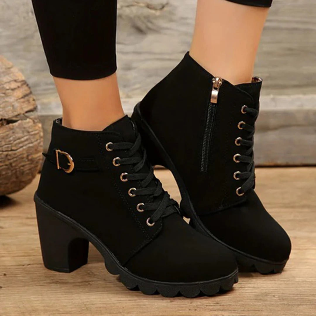 R&B | Stiefeletten Klobiger Absatz und Sohle Schnürung, Reißverschluss und Schnalle