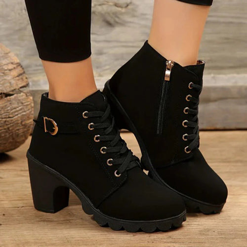 R&B | Stiefeletten Klobiger Absatz und Sohle Schnürung, Reißverschluss und Schnalle