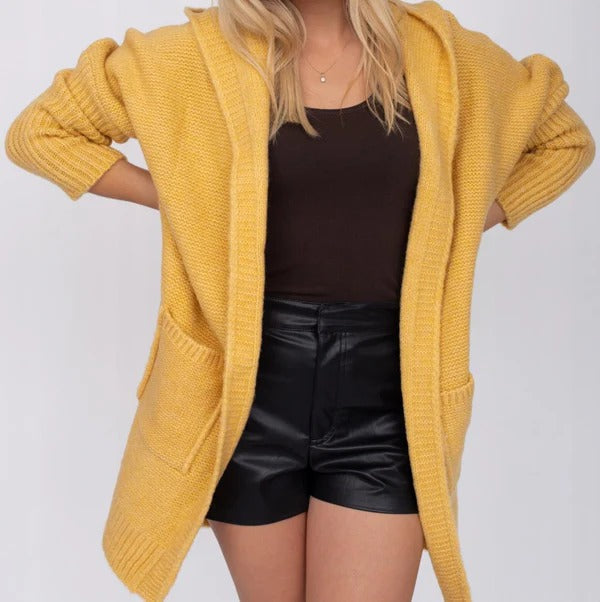 R&B | Strickjacke Übergröße Wollähnliche Strick Kapuze Offene Vorderseite Taschen