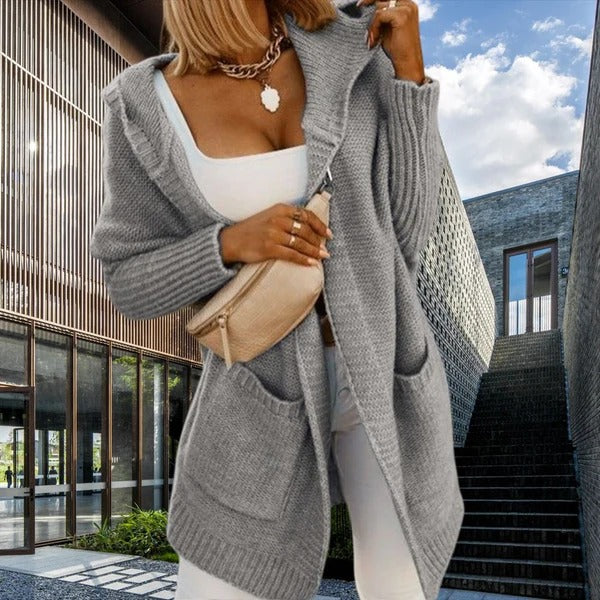 R&B | Strickjacke Übergröße Wollähnliche Strick Kapuze Offene Vorderseite Taschen