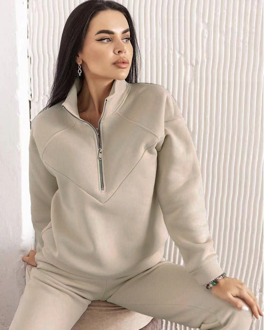 R&B | Loungewear Satz Fleece Lockere Passform Kapuzenpullover mit Halbem Reißverschluss Jogginghosen