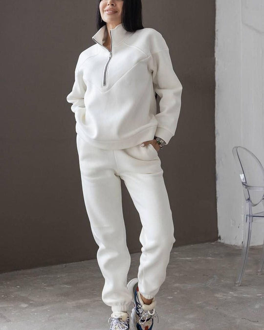 R&B | Loungewear Satz Fleece Lockere Passform Kapuzenpullover mit Halbem Reißverschluss Jogginghosen