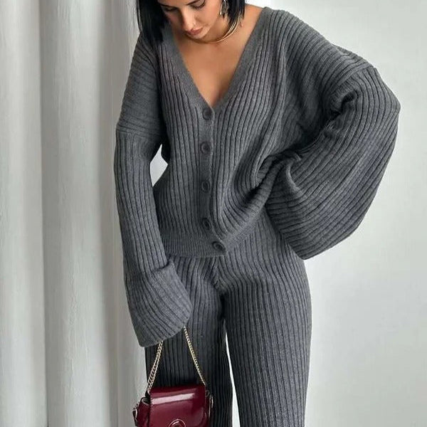 R&B | Loungewear Set Gestrickte Rippstruktur Übergröße Passform Weite Ärmel