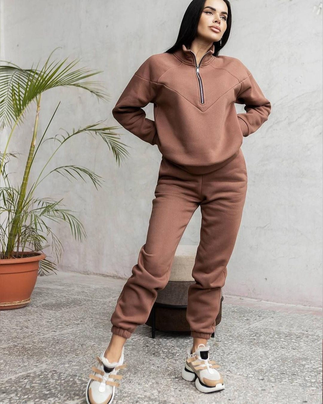 R&B | Loungewear Satz Fleece Lockere Passform Kapuzenpullover mit Halbem Reißverschluss Jogginghosen