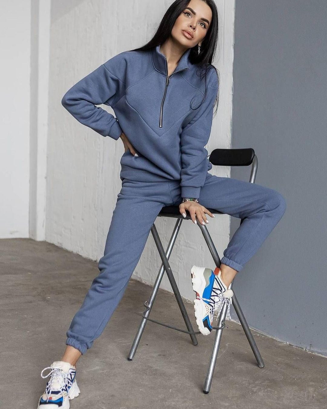 R&B | Loungewear Satz Fleece Lockere Passform Kapuzenpullover mit Halbem Reißverschluss Jogginghosen