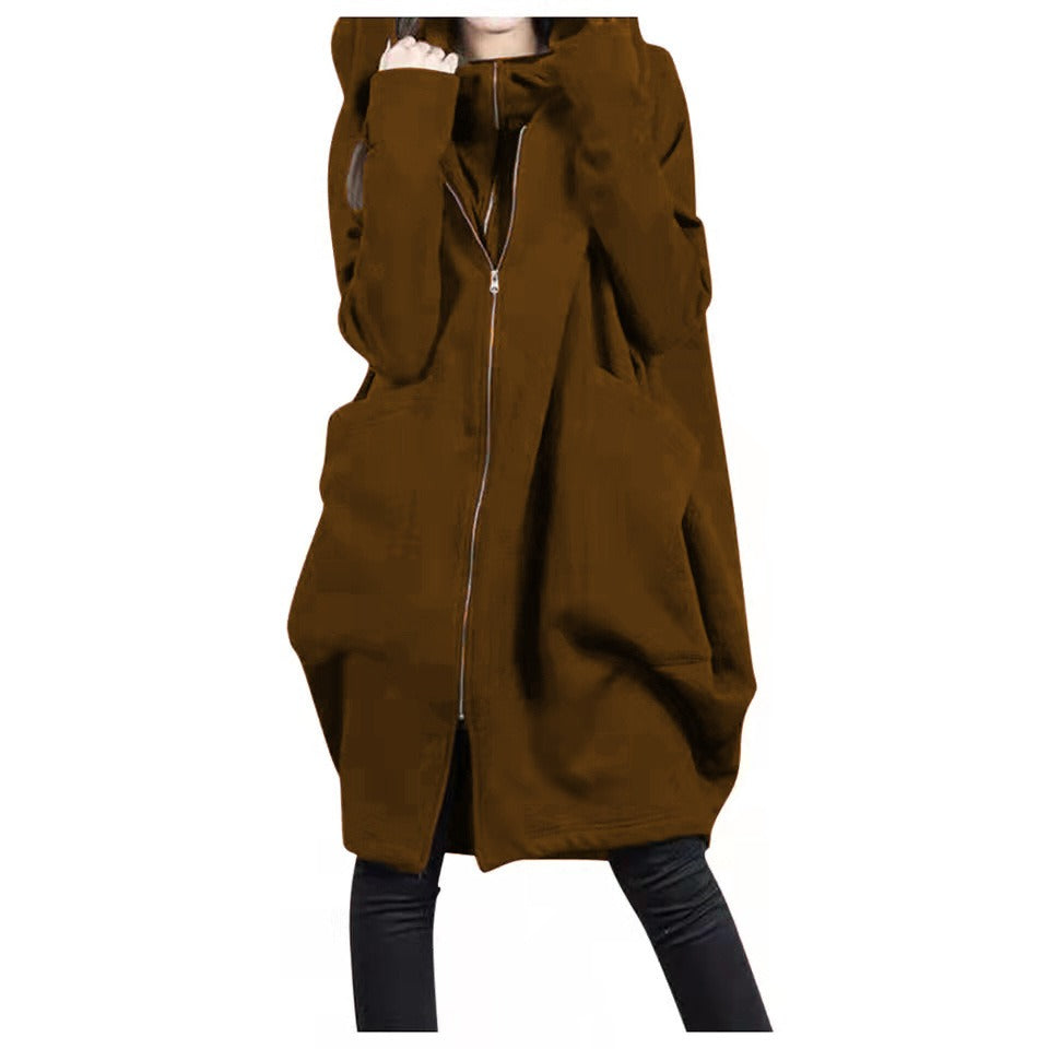 R&B | Mittellanger Mantel - Oversized Fit - Kapuze - Reißverschluss - Weicher Woll-Look