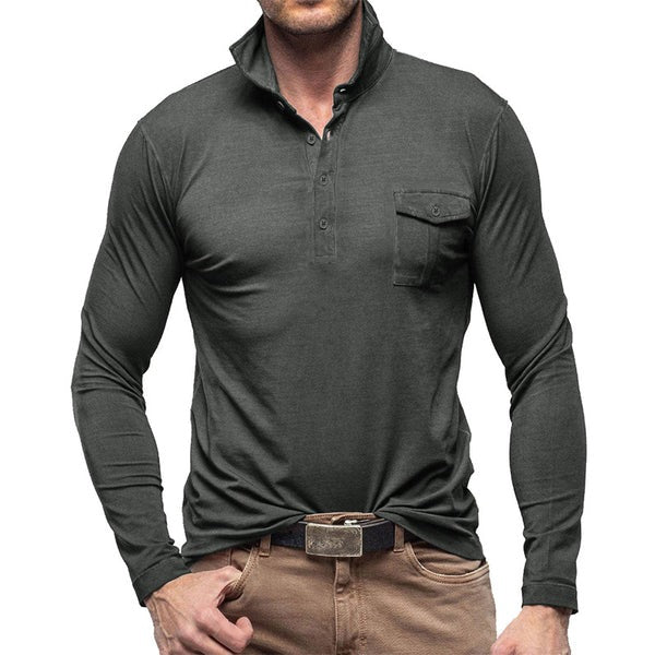 R&B | Henley Pique Shirt Slim Fit Lange Ärmel Baumwolle Brusttasche Stehkragen
