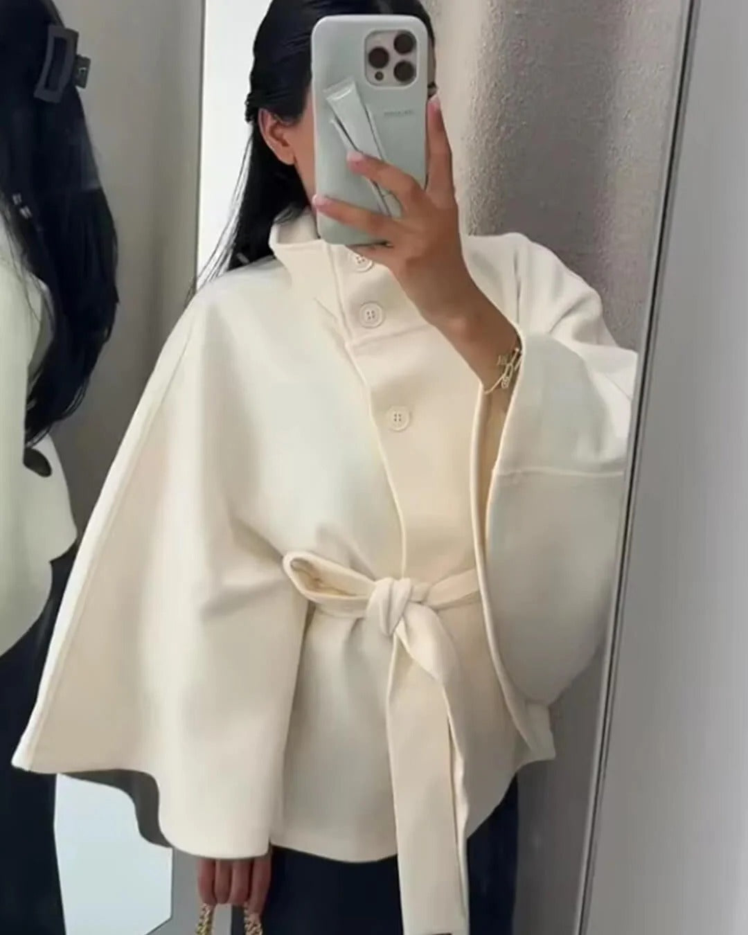 R&B | Hochkragen Gürteltaschen Cape Jacke Knopf Umhängemantel