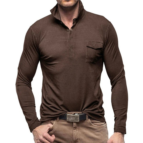 R&B | Henley Pique Shirt Slim Fit Lange Ärmel Baumwolle Brusttasche Stehkragen