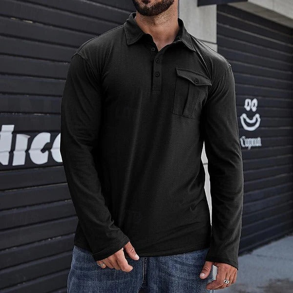 R&B | Henley Pique Shirt Slim Fit Lange Ärmel Baumwolle Brusttasche Stehkragen