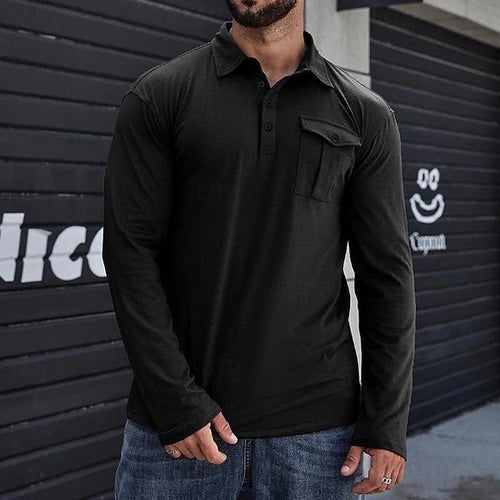 R&B | Henley Pique Shirt Slim Fit Lange Ärmel Baumwolle Brusttasche Stehkragen