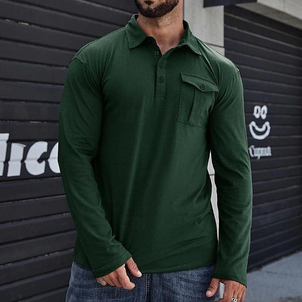 R&B | Henley Pique Shirt Slim Fit Lange Ärmel Baumwolle Brusttasche Stehkragen