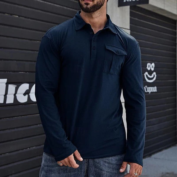 R&B | Henley Pique Shirt Slim Fit Lange Ärmel Baumwolle Brusttasche Stehkragen