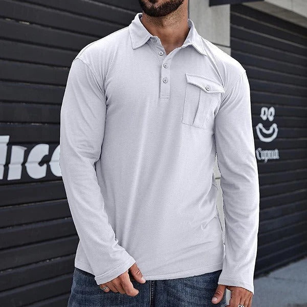 R&B | Henley Pique Shirt Slim Fit Lange Ärmel Baumwolle Brusttasche Stehkragen
