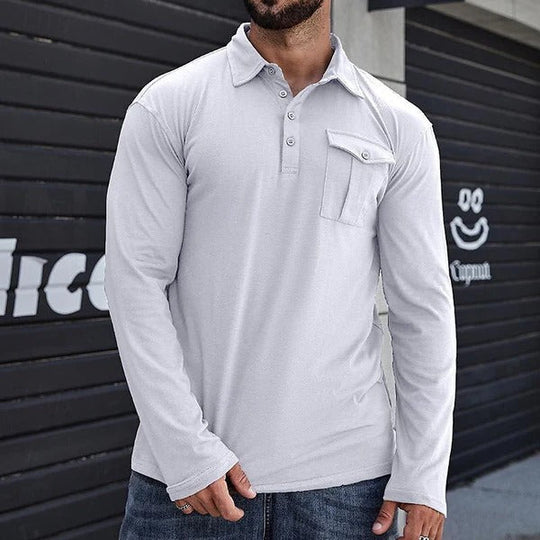 R&B | Henley Pique Shirt Slim Fit Lange Ärmel Baumwolle Brusttasche Stehkragen