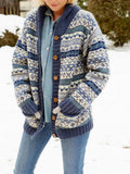 R&B | Strickjacke Wollstrick Lässige Passform Schalkragen Fair Isle Muster Druckknopf Vorne