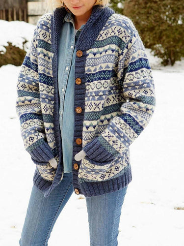 R&B | Strickjacke Wollstrick Lässige Passform Schalkragen Fair Isle Muster Druckknopf Vorne