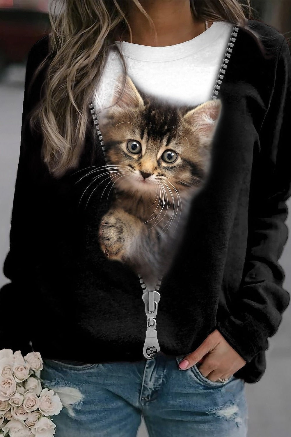 R&B | Baumwollmischung Lässiger Schnitt Langarm mit Katzenprint