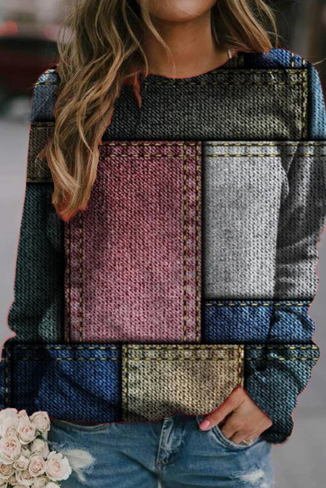 R&B | Relaxed Fit Strickstoff Patchwork Design Lange Ärmel