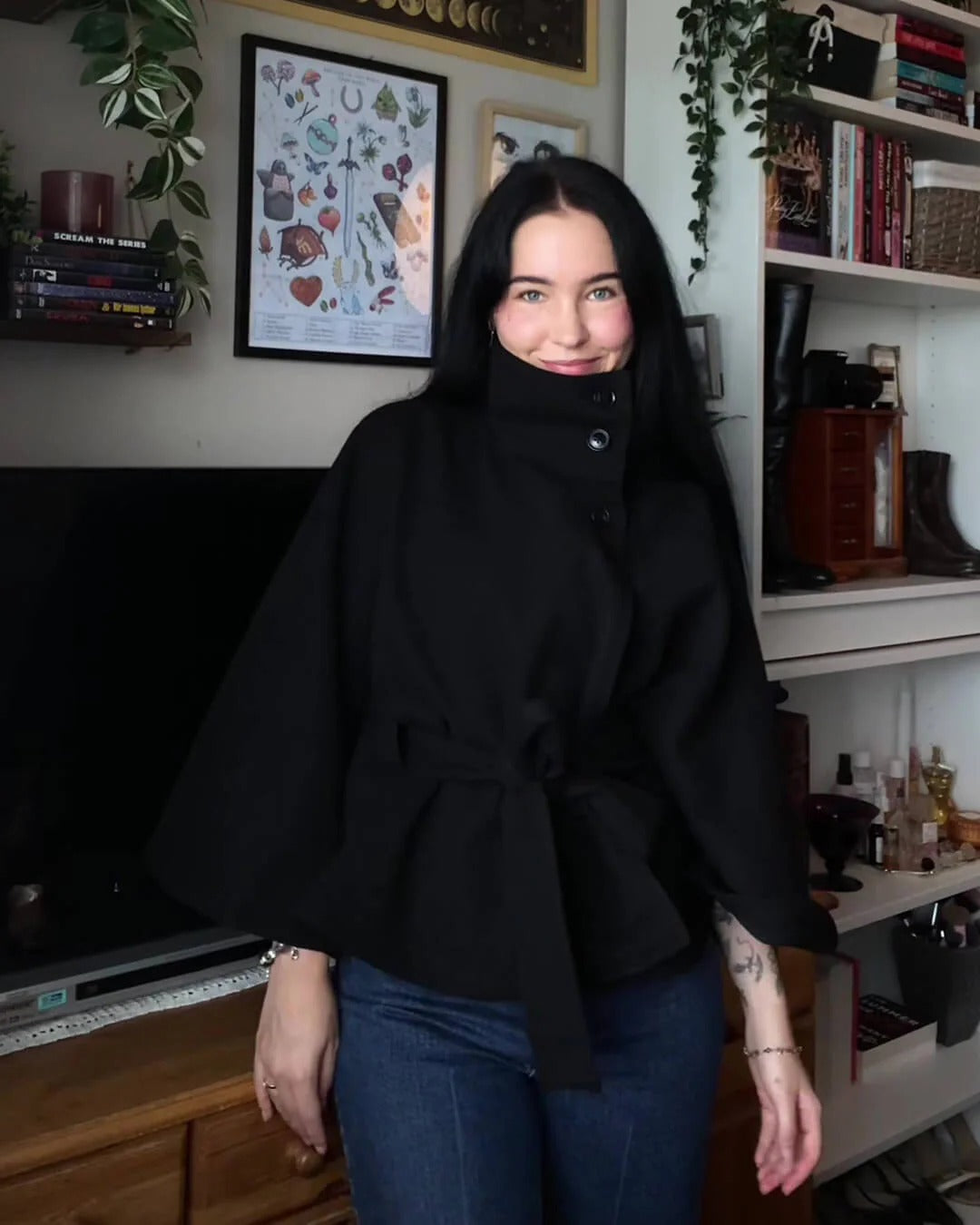 R&B | Hochkragen Gürteltaschen Cape Jacke Knopf Umhängemantel