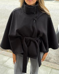 R&B | Hochkragen Gürteltaschen Cape Jacke Knopf Umhängemantel