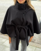 R&B | Hochkragen Gürteltaschen Cape Jacke Knopf Umhängemantel