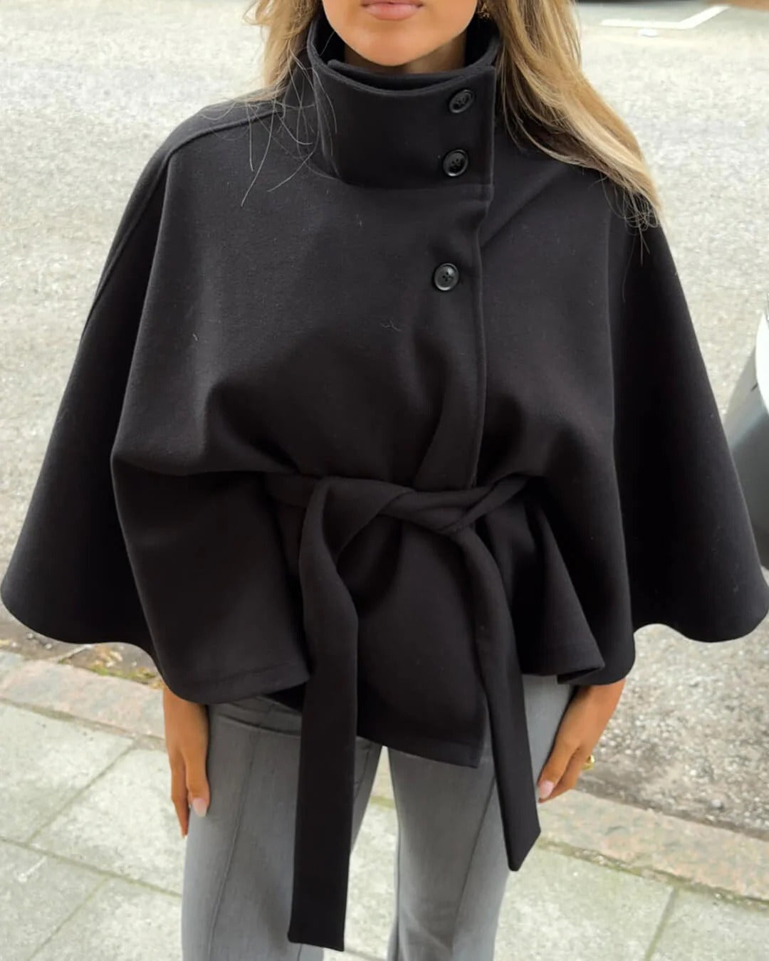 R&B | Hochkragen Gürteltaschen Cape Jacke Knopf Umhängemantel