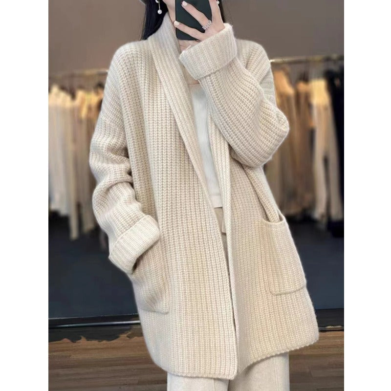 R&B | Strickjacke Übergröße Passform Grobstrick Schal Kragen Langes Modell mit Taschen