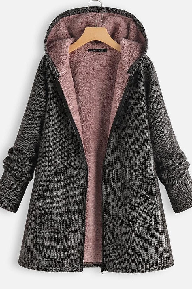 R&B | Mantel mit Kapuze Oversized Fit Fleece-Futter Reißverschluss Mittellang Casual