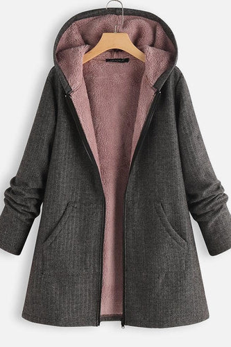 R&B | Mantel mit Kapuze Oversized Fit Fleece-Futter Reißverschluss Mittellang Casual