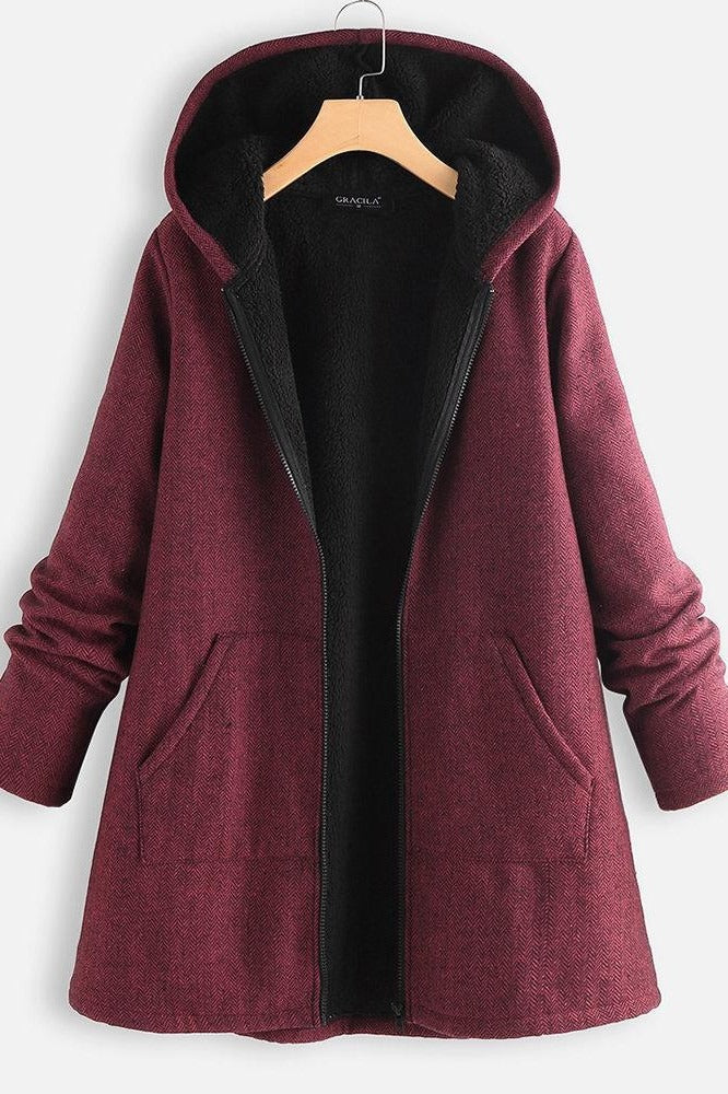 R&B | Mantel mit Kapuze Oversized Fit Fleece-Futter Reißverschluss Mittellang Casual