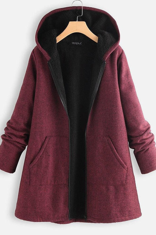 R&B | Mantel mit Kapuze Oversized Fit Fleece-Futter Reißverschluss Mittellang Casual