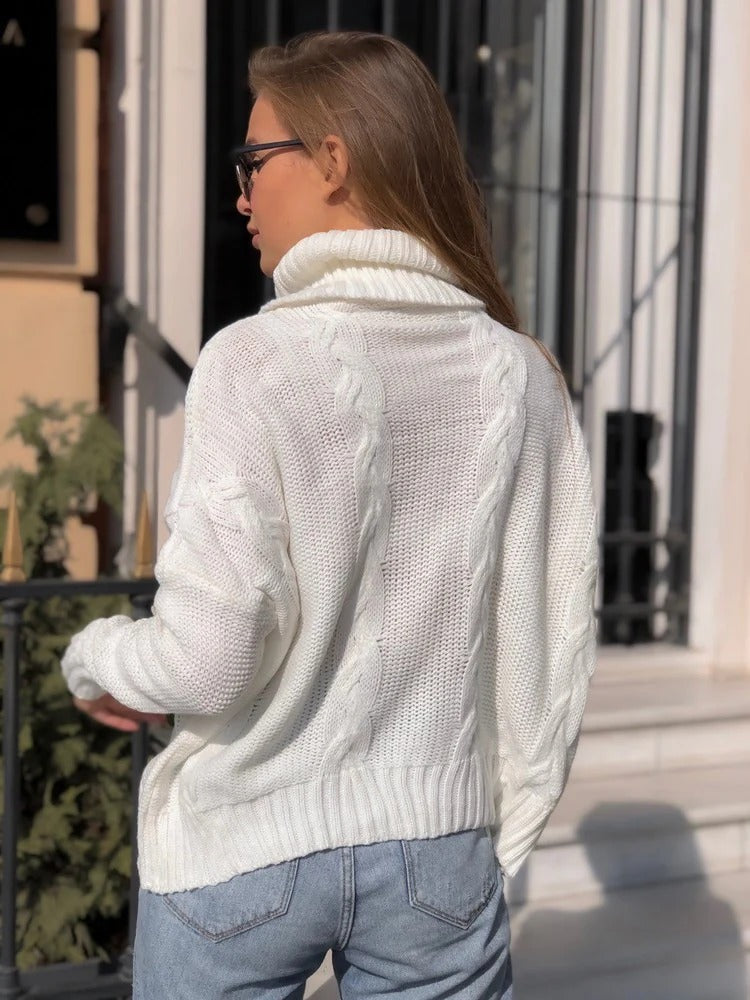 R&B | Strickpullover Wollmischung Lockere Passform Hoher Kragen Zopfstrick