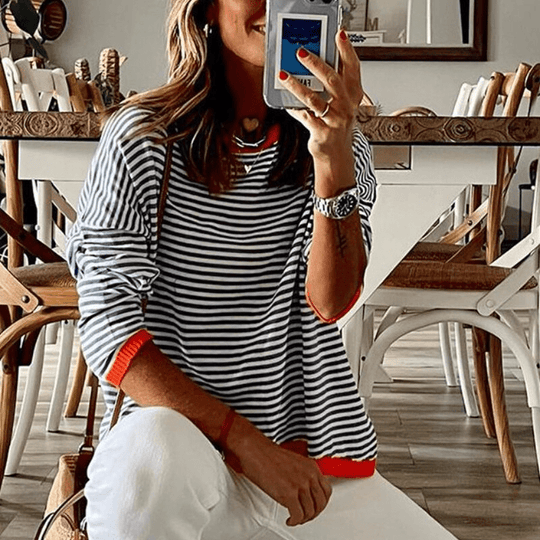 R&B | Lavigne - Blau Gestreifter Pullover Mit Orangefarbenem Rand