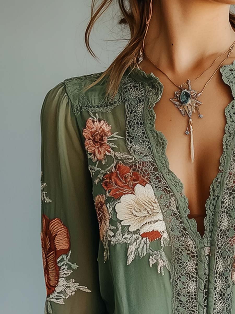 R&B | Boho Bluse Mit Spitze Und Blumenmuster