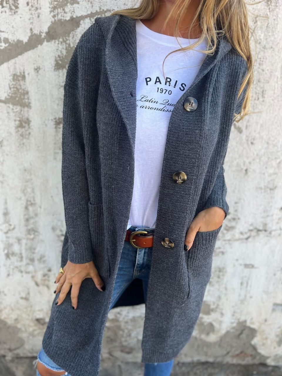 R&B | Strickjacke Lange Offene Front Ribbed Knopfverschluss & Vordertaschen