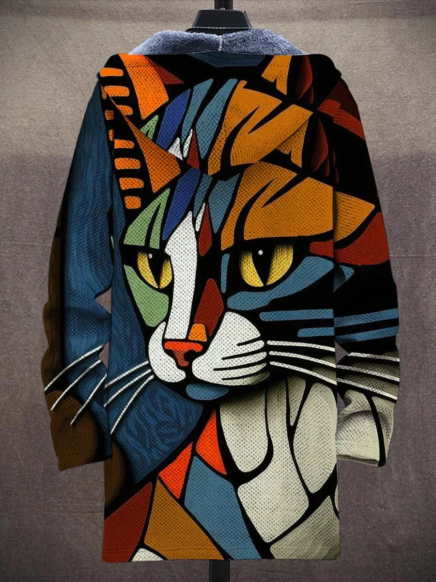 EB | Abstrakte Katzen-Strickjacke mit Plüsch