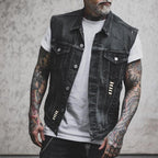 R&B Herren Motorrad-Denimweste mit Motorrad- und Skelettdruck