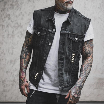 R&B Herren Motorrad-Denimweste mit Motorrad- und Skelettdruck