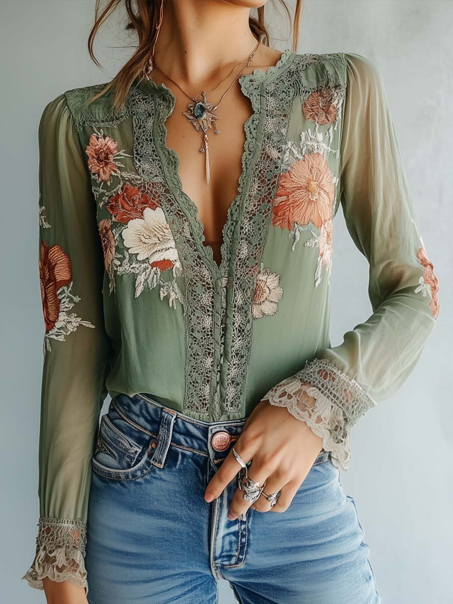 R&B | Boho Bluse Mit Spitze Und Blumenmuster
