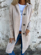 R&B | Strickjacke Lange Offene Front Ribbed Knopfverschluss & Vordertaschen