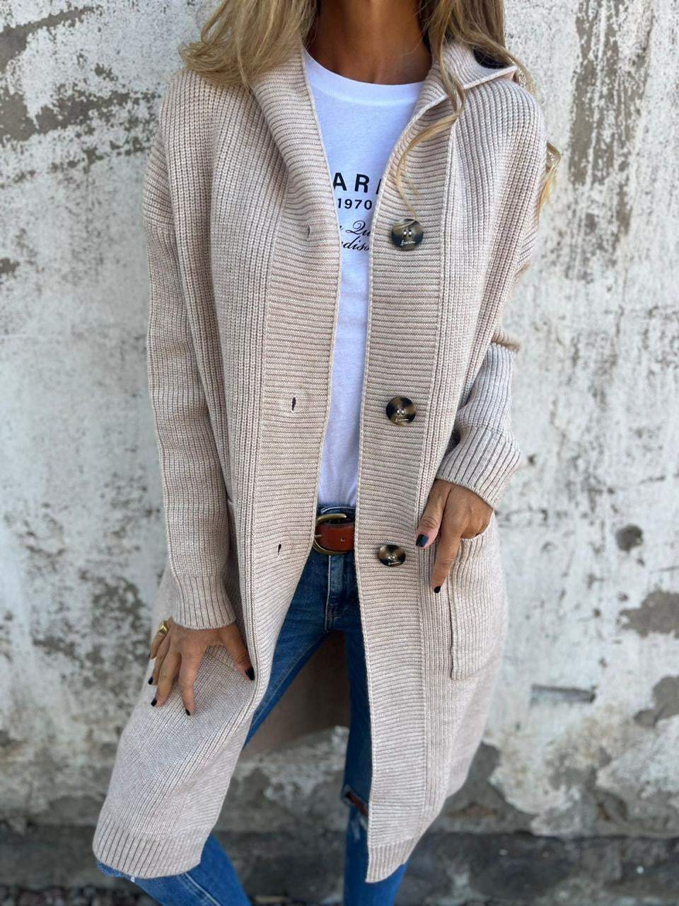 R&B | Strickjacke Lange Offene Front Ribbed Knopfverschluss & Vordertaschen